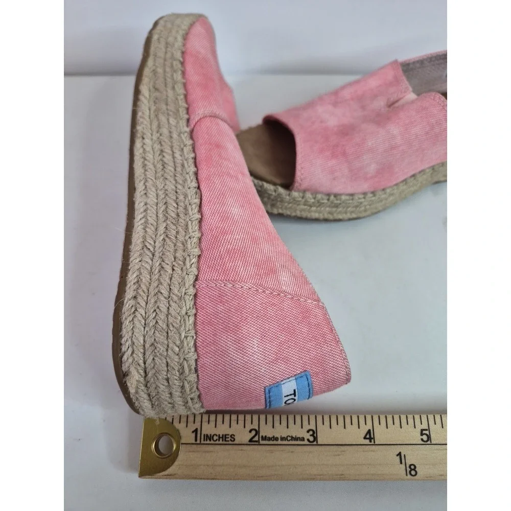 TOMS PINK / RED Chambray Espadrilles Low Wedge Peep Toe Slip On Shoes Sz 10‎